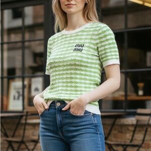 Miu Miu Lime Green & White Striped Knit Short Sleeve Top